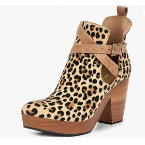 Leopard Suede Platform Round Toe Cutout Ankle Boots Strap Buckle Cork Heels Boot